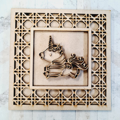 OL1971  - MDF Rattan effect square plaque with Unicorn doodle - Style 3 - Olifantjie - Wooden - MDF - Lasercut - Blank - Craft - Kit - Mixed Media - UK