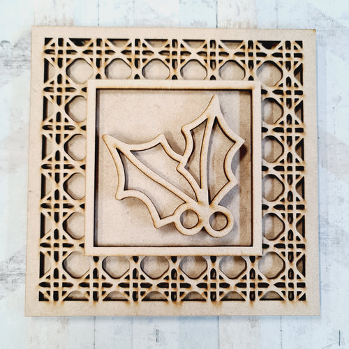 OL2032 - MDF Rattan effect square plaque Christmas doodle - Holly - Olifantjie - Wooden - MDF - Lasercut - Blank - Craft - Kit - Mixed Media - UK