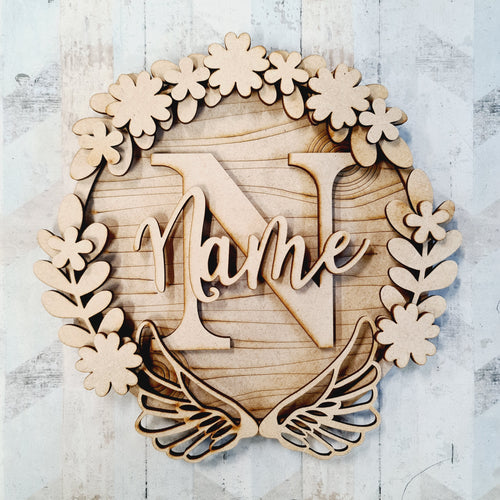 W006 - MDF Floral Wings Wreath - with Initial - Olifantjie - Wooden - MDF - Lasercut - Blank - Craft - Kit - Mixed Media - UK