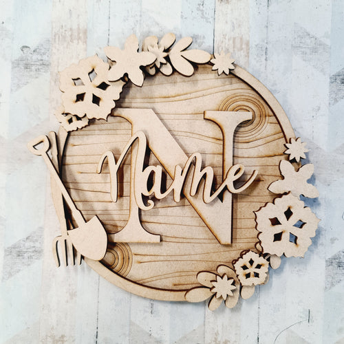 W007 - MDF Gardening Wreath - with Initial or Selected Word - Olifantjie - Wooden - MDF - Lasercut - Blank - Craft - Kit - Mixed Media - UK