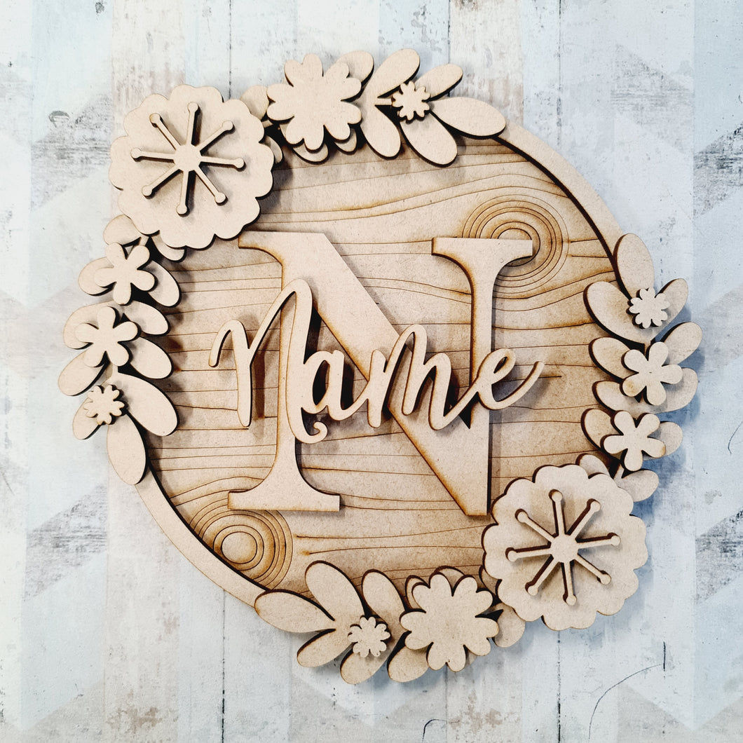 W008 - MDF Simple Floral Wreath - with Initial - Olifantjie - Wooden - MDF - Lasercut - Blank - Craft - Kit - Mixed Media - UK