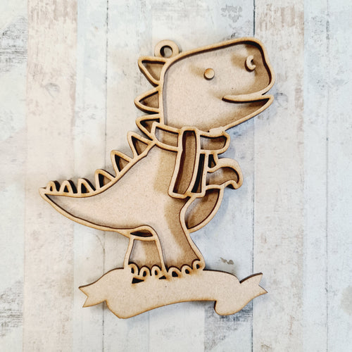 OL2041 - MDF Doodle Christmas Dinosaur Hanging - Dino 2 Scarf - with or without banner - Olifantjie - Wooden - MDF - Lasercut - Blank - Craft - Kit - Mixed Media - UK