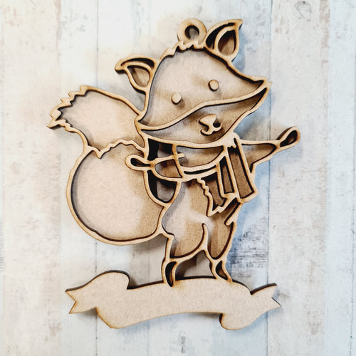 OL2067 - MDF Doodle Christmas Woodland Hanging - Fox 1 hat - with or without banner - Olifantjie - Wooden - MDF - Lasercut - Blank - Craft - Kit - Mixed Media - UK