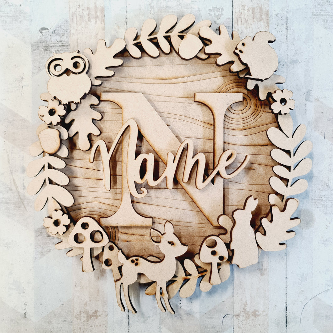 W015 - MDF Woodland Deer & Owl - Initial Wreath - Olifantjie - Wooden - MDF - Lasercut - Blank - Craft - Kit - Mixed Media - UK