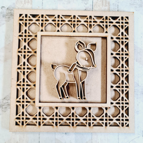 OL2030 - MDF Rattan effect square plaque Christmas doodle - Deer 1 - Olifantjie - Wooden - MDF - Lasercut - Blank - Craft - Kit - Mixed Media - UK