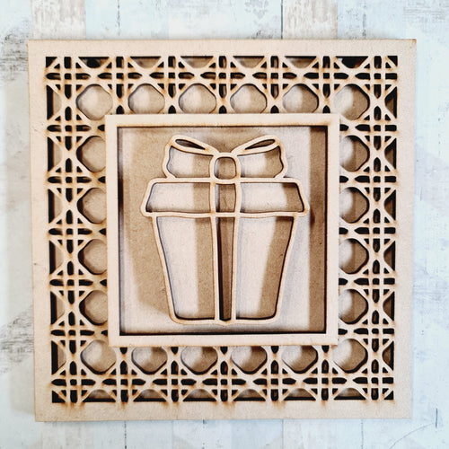 OL2026 - MDF Rattan effect square plaque Christmas doodle - Present 1 - Olifantjie - Wooden - MDF - Lasercut - Blank - Craft - Kit - Mixed Media - UK
