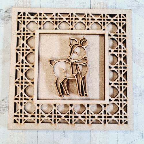 OL2031 - MDF Rattan effect square plaque Christmas doodle - Deer 2 - Olifantjie - Wooden - MDF - Lasercut - Blank - Craft - Kit - Mixed Media - UK