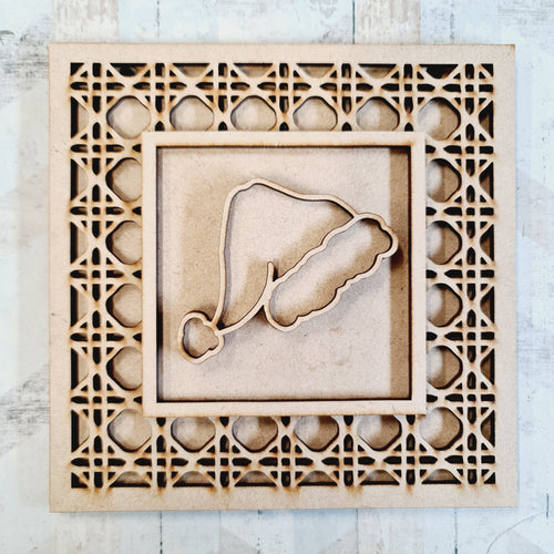 OL2023 - MDF Rattan effect square plaque Christmas doodle - Santa Hat - Olifantjie - Wooden - MDF - Lasercut - Blank - Craft - Kit - Mixed Media - UK