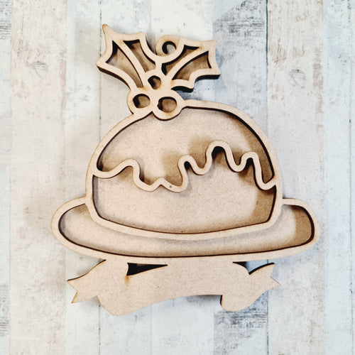 OL2075 - MDF Doodle Christmas  Hanging - Christmas Pudding - with or without banner - Olifantjie - Wooden - MDF - Lasercut - Blank - Craft - Kit - Mixed Media - UK