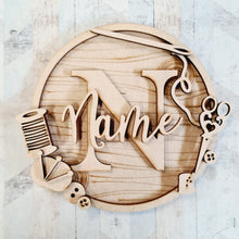 W056 - MDF Sewing Wreath with one Name  or initials - Olifantjie - Wooden - MDF - Lasercut - Blank - Craft - Kit - Mixed Media - UK