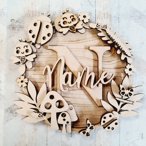 W059 - MDF Woodland Bug wreath with one Name  or initials - Olifantjie - Wooden - MDF - Lasercut - Blank - Craft - Kit - Mixed Media - UK