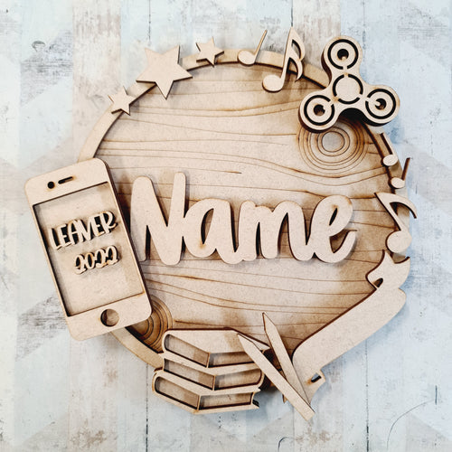 W061 - MDF School Leaver  wreath name and initial - Olifantjie - Wooden - MDF - Lasercut - Blank - Craft - Kit - Mixed Media - UK