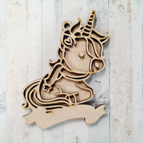 OL2083 - MDF Doodle Christmas Unicorn Hanging - Style 6 - with or without banner - Olifantjie - Wooden - MDF - Lasercut - Blank - Craft - Kit - Mixed Media - UK