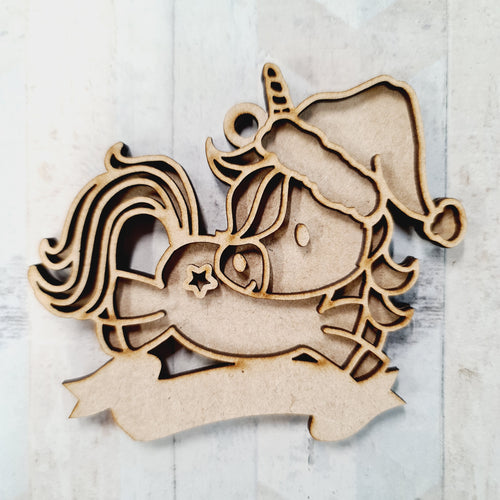 OL2085 - MDF Doodle Christmas Unicorn Hanging - Style 8 - with or without banner - Olifantjie - Wooden - MDF - Lasercut - Blank - Craft - Kit - Mixed Media - UK