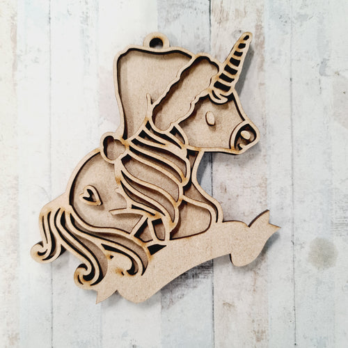 OL2078 - MDF Doodle Christmas Unicorn Hanging - Style 1 - with or without banner - Olifantjie - Wooden - MDF - Lasercut - Blank - Craft - Kit - Mixed Media - UK