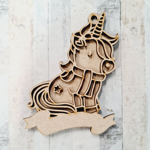 OL2080 - MDF Doodle Christmas Unicorn Hanging - Style 3 - with or without banner - Olifantjie - Wooden - MDF - Lasercut - Blank - Craft - Kit - Mixed Media - UK