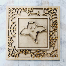 OL1907 - MDF Halloween Spider Web effect square plaque with doodle - Cat Ghost - Olifantjie - Wooden - MDF - Lasercut - Blank - Craft - Kit - Mixed Media - UK