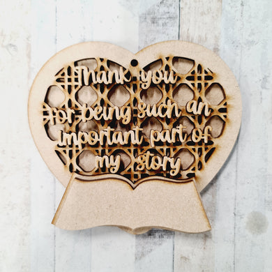 RH003 - MDF Rattan Heart Hanging - Book - 'Thank you for being such an important part of my story; - Olifantjie - Wooden - MDF - Lasercut - Blank - Craft - Kit - Mixed Media - UK