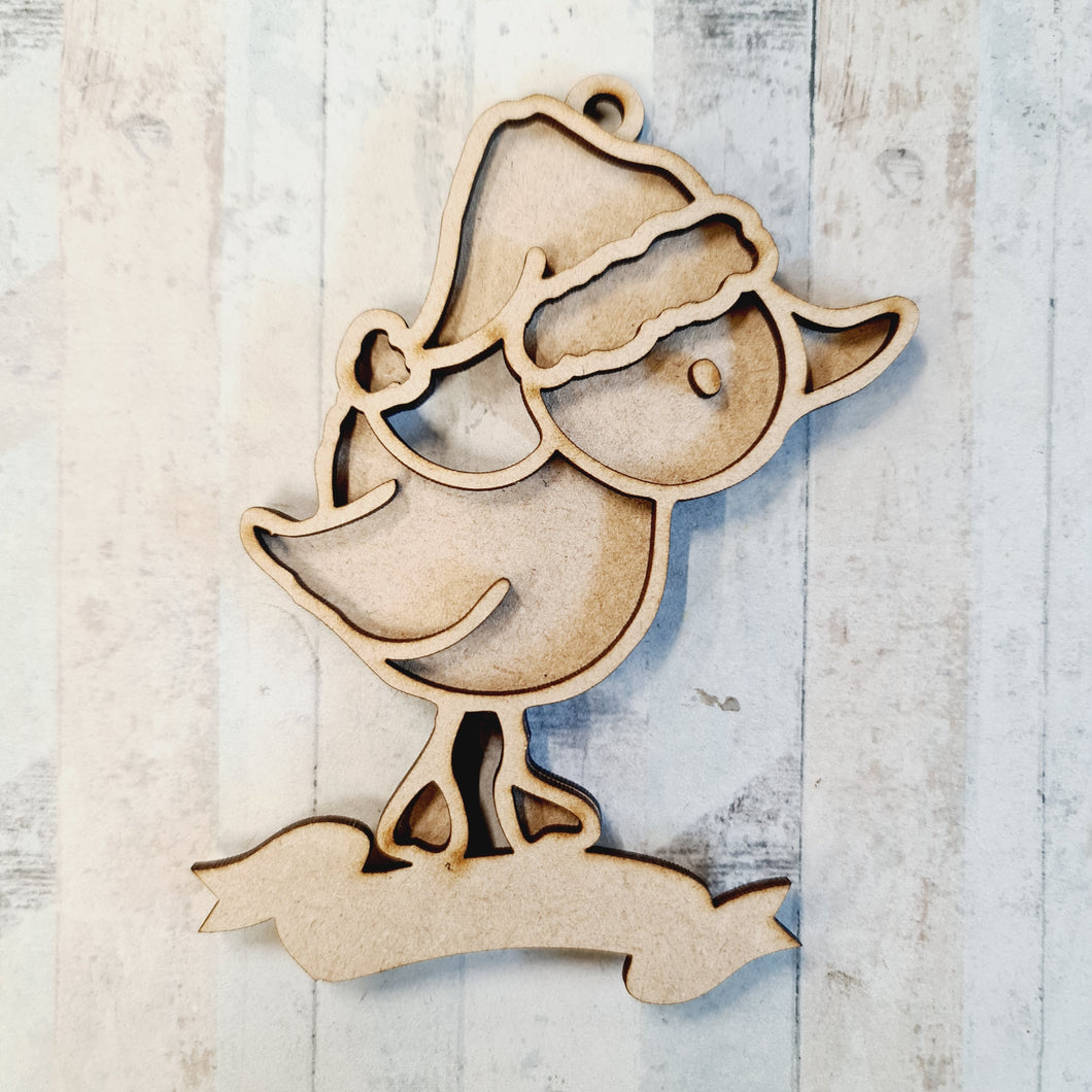 OL2087 - MDF Doodle Christmas Woodland Animal Hanging - Duck  1 - with or without banner - Olifantjie - Wooden - MDF - Lasercut - Blank - Craft - Kit - Mixed Media - UK