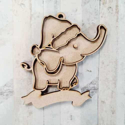 OL2125 - MDF Doodle Jungle Christmas Hanging - Elephant 3 - with or without banner - Olifantjie - Wooden - MDF - Lasercut - Blank - Craft - Kit - Mixed Media - UK