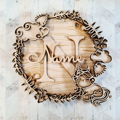 W070 - MDF Unicorn doodle Personalised Wreath - Style 2 - Olifantjie - Wooden - MDF - Lasercut - Blank - Craft - Kit - Mixed Media - UK
