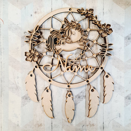 DC097 - MDF Doodle Unicorn Dream Catcher Style 3 - with Initial or Wording - Olifantjie - Wooden - MDF - Lasercut - Blank - Craft - Kit - Mixed Media - UK
