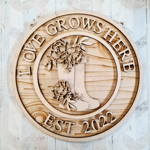 OL1645 - MDF Floral Wellies Circle ‘love  grows here’ est date Plaque - Peony Flowers - Olifantjie - Wooden - MDF - Lasercut - Blank - Craft - Kit - Mixed Media - UK