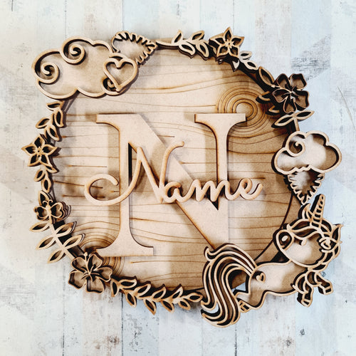 W069 - MDF Unicorn doodle Personalised Wreath - Style 1 - Olifantjie - Wooden - MDF - Lasercut - Blank - Craft - Kit - Mixed Media - UK