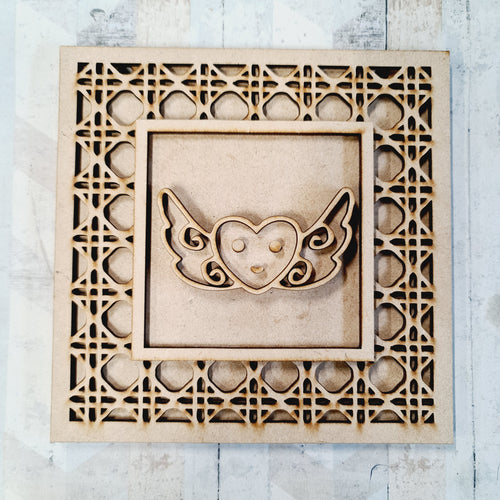 OL1984 - MDF Rattan effect square plaque with Unicorn doodle - Heart Wings - Olifantjie - Wooden - MDF - Lasercut - Blank - Craft - Kit - Mixed Media - UK