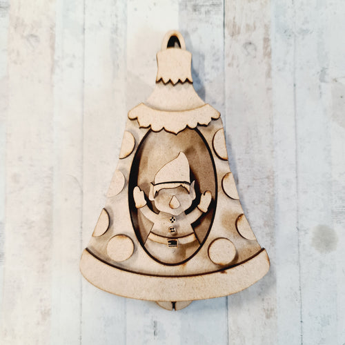 SJ325 - MDF Sarah Jane Winter Elf Bell Ornate Bauble - Olifantjie - Wooden - MDF - Lasercut - Blank - Craft - Kit - Mixed Media - UK