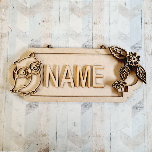 SS167 - MDF Doodle Woodland Animal - Owl  - Personalised Street Sign - Small (6 letters) - Olifantjie - Wooden - MDF - Lasercut - Blank - Craft - Kit - Mixed Media - UK