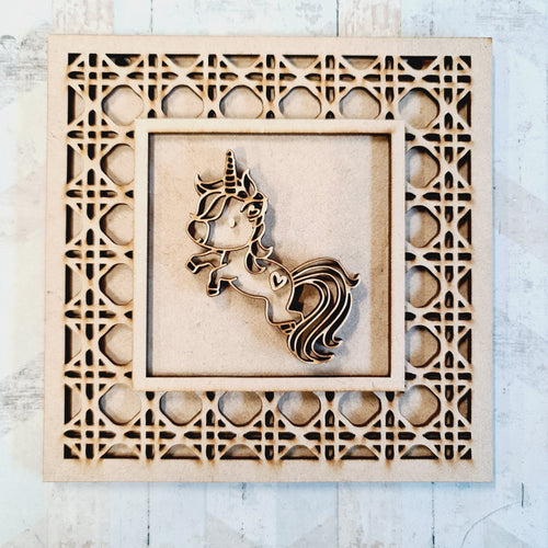 OL1970  - MDF Rattan effect square plaque with Unicorn doodle - Style 2 - Olifantjie - Wooden - MDF - Lasercut - Blank - Craft - Kit - Mixed Media - UK