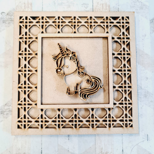 OL1972  - MDF Rattan effect square plaque with Unicorn doodle - Style 4 - Olifantjie - Wooden - MDF - Lasercut - Blank - Craft - Kit - Mixed Media - UK