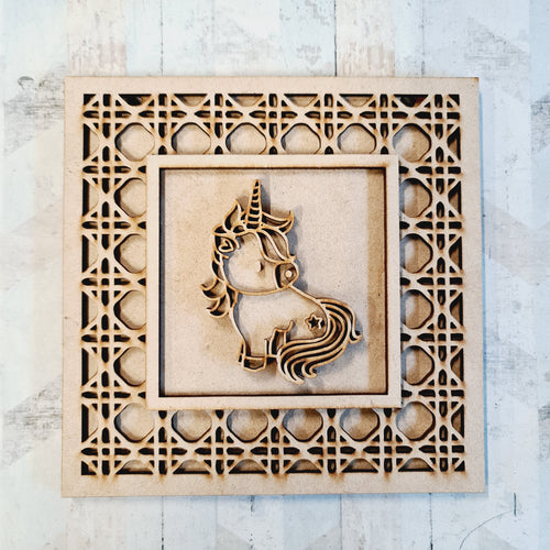 OL1979 - MDF Rattan effect square plaque with Unicorn doodle - Style 9 - Olifantjie - Wooden - MDF - Lasercut - Blank - Craft - Kit - Mixed Media - UK