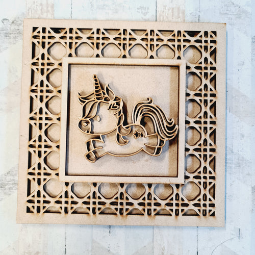OL1980 - MDF Rattan effect square plaque with Unicorn doodle - Style 10 - Olifantjie - Wooden - MDF - Lasercut - Blank - Craft - Kit - Mixed Media - UK