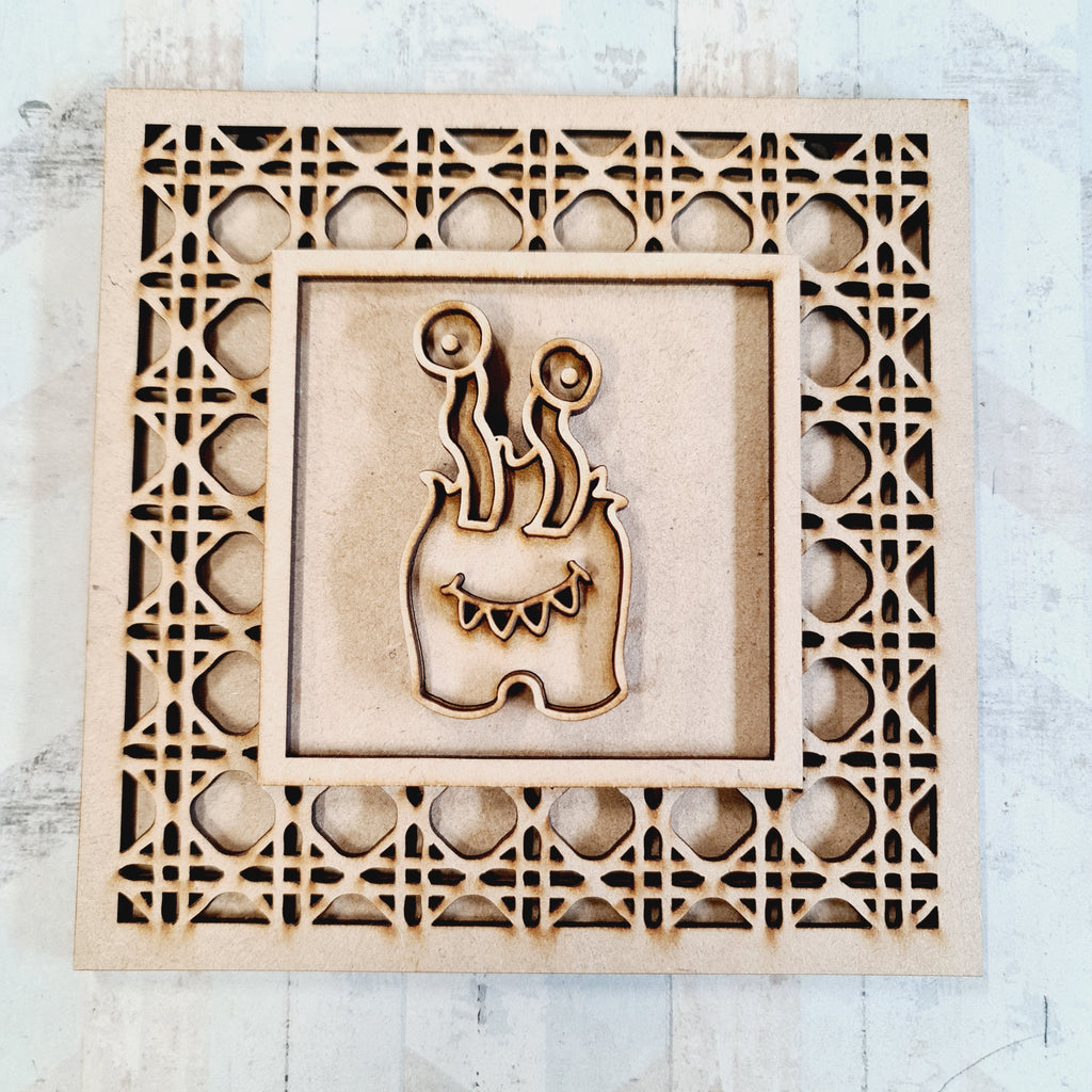 OL2168 - MDF Rattan Effect Square Plaque Space Monster Alien Doodle ...