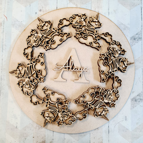 OL2159 - MDF Unicorn Doodle Mandala With Backing and Wording of choice (or Initial and name) - Olifantjie - Wooden - MDF - Lasercut - Blank - Craft - Kit - Mixed Media - UK