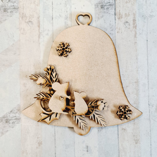 CH365 - MDF Christmas Mice / Mouse Themed Hanging Bell Bauble - Olifantjie - Wooden - MDF - Lasercut - Blank - Craft - Kit - Mixed Media - UK