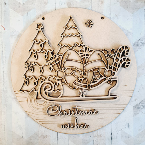 OL2239 - MDF Christmas Doodle Gonk Rattan Circle  Plaque - Your wording - Christmas Sleigh - Olifantjie - Wooden - MDF - Lasercut - Blank - Craft - Kit - Mixed Media - UK