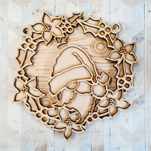 OL2237 - MDF Christmas Gnome doodle Large Holly Wreath  Plaque - Male Gonk - Olifantjie - Wooden - MDF - Lasercut - Blank - Craft - Kit - Mixed Media - UK