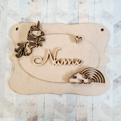 OP103 - MDF Doodle Unicorn Themed Personalised Plaque - Style 3 - Olifantjie - Wooden - MDF - Lasercut - Blank - Craft - Kit - Mixed Media - UK