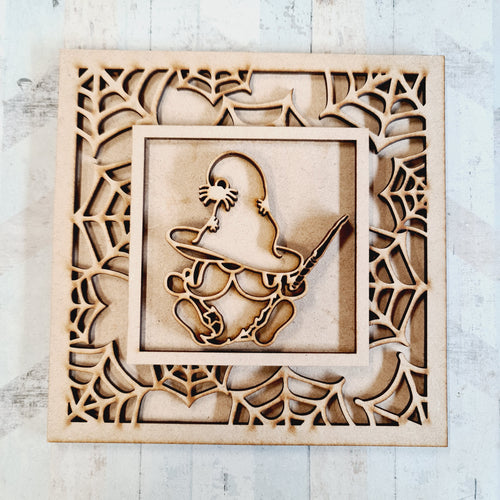 OL2249 - MDF Rattan Effect Square Plaque Halloween Gonk Doodle - Wizard gnome - Olifantjie - Wooden - MDF - Lasercut - Blank - Craft - Kit - Mixed Media - UK