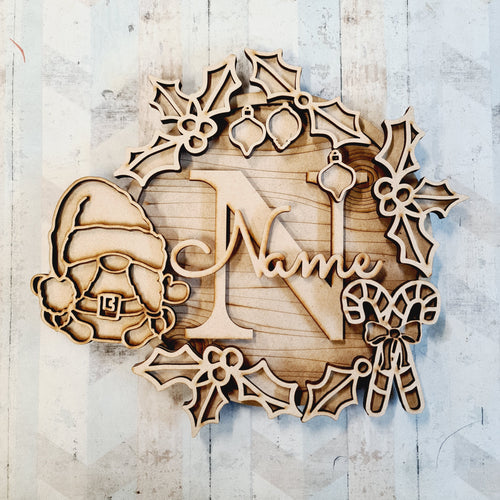 W077 - MDF Christmas Gonk/ Gnome doodle Personalised Wreath - Style 2 - Olifantjie - Wooden - MDF - Lasercut - Blank - Craft - Kit - Mixed Media - UK