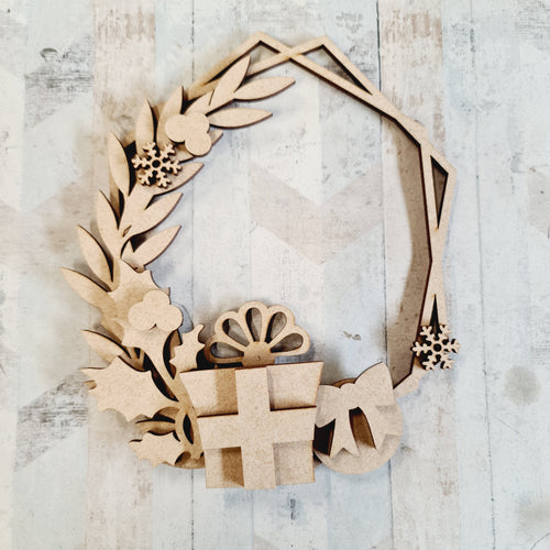 HX023 - MDF Present Christmas Hexagonal Wreath - Olifantjie - Wooden - MDF - Lasercut - Blank - Craft - Kit - Mixed Media - UK