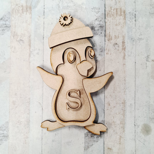 OL1111 - MDF Hanging Initial Penguin - Open Eyes Bobble Hat - Olifantjie - Wooden - MDF - Lasercut - Blank - Craft - Kit - Mixed Media - UK