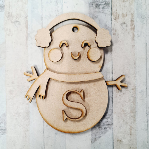 OL1118 - MDF Hanging Initial Snow Person -  Ear Muffs - Olifantjie - Wooden - MDF - Lasercut - Blank - Craft - Kit - Mixed Media - UK