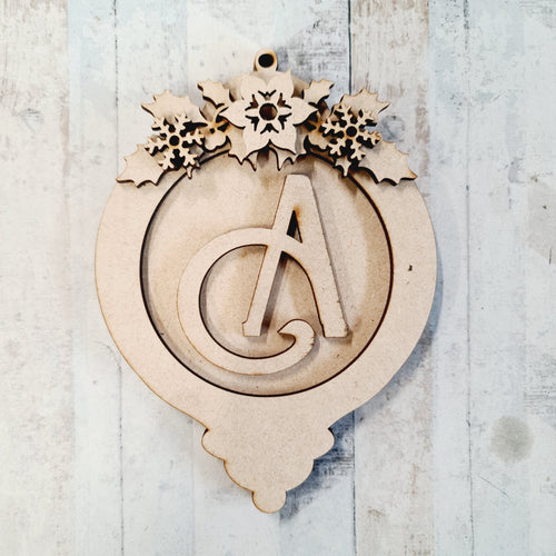 OL1122 - MDF Hanging Initial Bauble  -  Holly - Olifantjie - Wooden - MDF - Lasercut - Blank - Craft - Kit - Mixed Media - UK