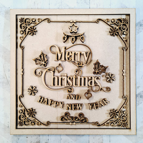 OL2313 - MDF Farmhouse Doodle Christmas - Square layered Plaque -  Merry Christmas Tree - Olifantjie - Wooden - MDF - Lasercut - Blank - Craft - Kit - Mixed Media - UK
