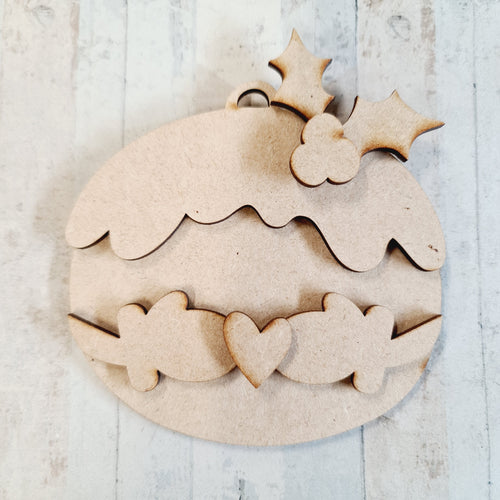 OL425 - MDF -  Xmas Pudding Pocket Hug Hanging Bauble - Olifantjie - Wooden - MDF - Lasercut - Blank - Craft - Kit - Mixed Media - UK