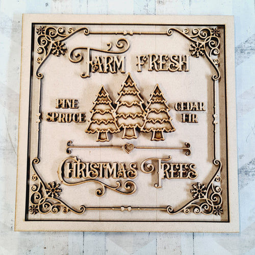 OL2316 - MDF Farmhouse Doodle Christmas  - Square layered Plaque -  Farm Fresh Trees - Olifantjie - Wooden - MDF - Lasercut - Blank - Craft - Kit - Mixed Media - UK